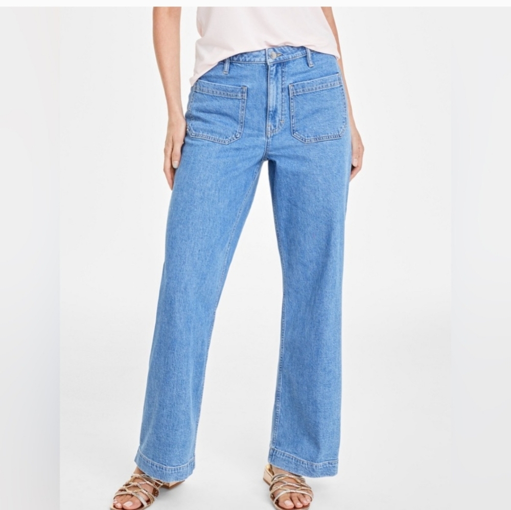 Women’s Wide-Leg  Ultra High Rise Pockets Blue Mom Jeans Sz 14